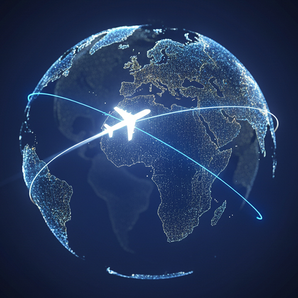 Stilisierte Weltkugel mit Flugrouten als Symbol für die internationale Expertise von Gosemann Dental.